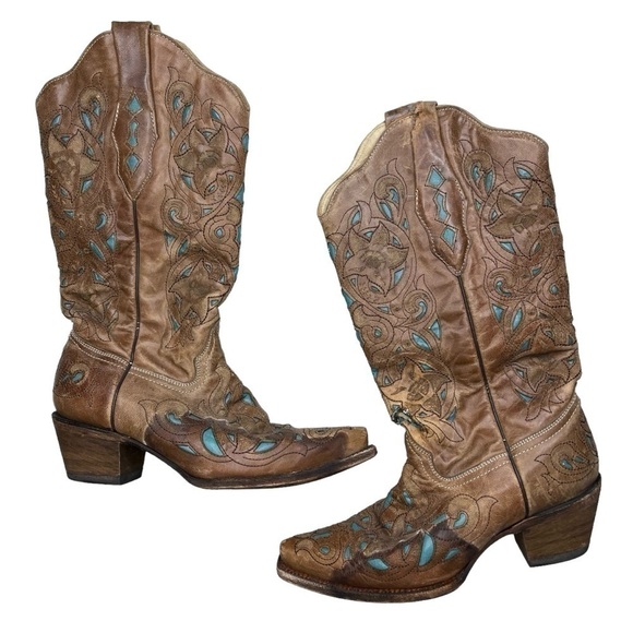 Vintage Corral Crater Turquoise Inlay studded laser cut western womens boot Sz 8 - Picture 1 of 9